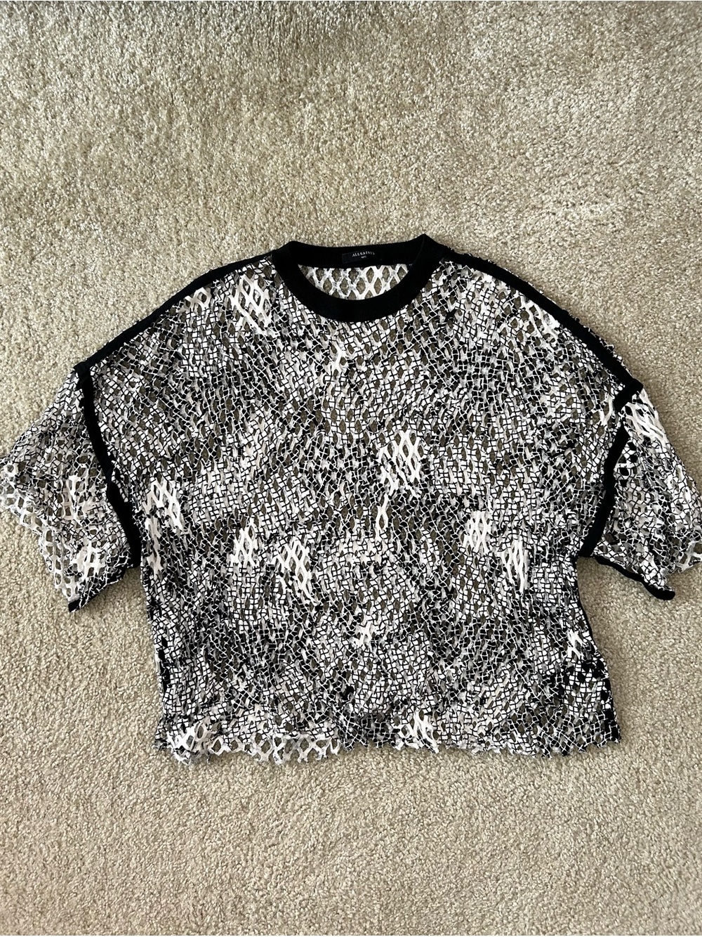 Allsaints Mesh / Net Oversized T-Shirt Black & White Pattern